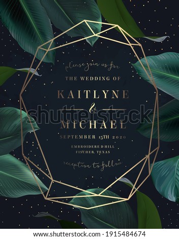 Tropical elegant frame arranged from exotic emerald leaves. Design vector. Paradise plants, greenery chic card. Stylish fashion banner. Wedding template. All leaves are not cut. Isolated and editable