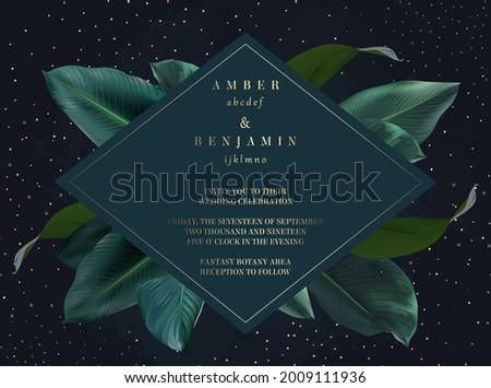Tropical elegant frame arranged from exotic emerald leaves. Design vector. Paradise plants, greenery chic card. Stylish fashion banner. Wedding template. All leaves are not cut. Isolated and editable