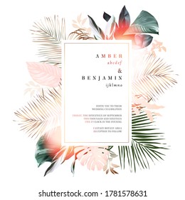 Tropical elegant pastel frame arranged from exotic and dried palm leaf. Design vector. Paradise plants chic card. Stylish fashion banner. Wedding template. All leaves are not cut.Isolated and editable