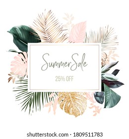 Tropical elegant pastel frame arranged from exotic and dried palm leaves. Design vector. Paradise plants chic card. Stylish fashion banner. Sale template. All leaves are not cut. Isolated and editable