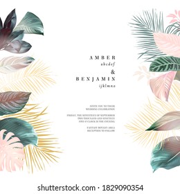 Tropical elegant pastel frame arranged from exotic and dried palm leaves. Design vector. Paradise plants chic card. Stylish fashion banner. Sale template. All leaves are not cut. Isolated and editable