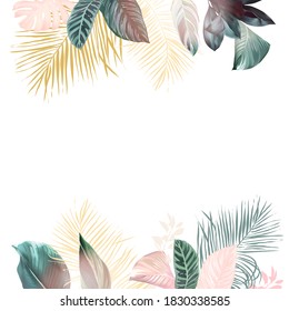 Tropical elegant pastel frame arranged from exotic and dried palm leaves. Design vector. Paradise plants chic card. Stylish fashion banner. Sale template. All leaves are not cut. Isolated and editable