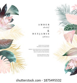 Tropical elegant pastel frame arranged from exotic and dried palm leaves. Design vector. Paradise plants chic card. Stylish fashion banner. Sale template. All leaves are not cut. Isolated and editable