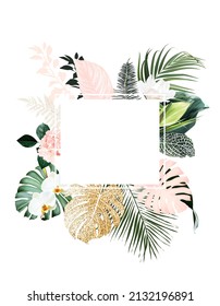 Tropical elegant pastel frame arranged from exotic and dried palm leaves. Design vector. Paradise floral chic card. Stylish fashion banner. Sale template. All leaves are not cut. Isolated and editable