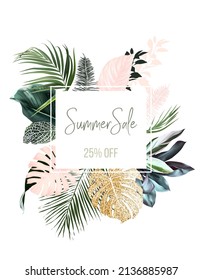 Tropical elegant pastel frame arranged from exotic and dried palm leaves. Design vector. Paradise plants chic card. Stylish fashion banner. Sale template. All leaves are not cut. Isolated and editable
