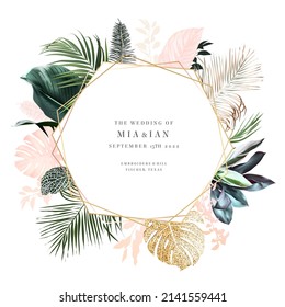 Tropical elegant pastel frame arranged from exotic and dried palm leaves. Design vector. Paradise plants chic card. Stylish fashion banner. Sale template. All leaves are not cut. Isolated and editable