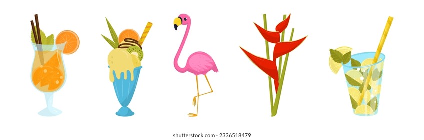 Tropical Elements with Cocktail, Ice Cream, Flamingo and Flower Vector Set