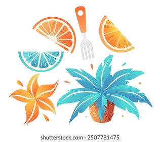 Tropical elements including sliced citrus fruits fork vibrant flower and lush plant in pot colorful summer theme