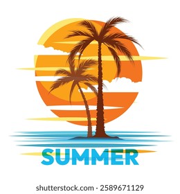 Tropical emblem. Palm tree island at sunset logo with wording summer isolated vector illustration