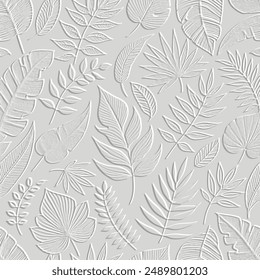 Tropical estampado en relieve de plantas de superficie texturizadas blanco 3d patrón. Relieve en relieve fondo de Vector de hoja. Hermoso fondo de grunge botánico. Adornos modernos con hojas. Grungy textura ligera 3d.