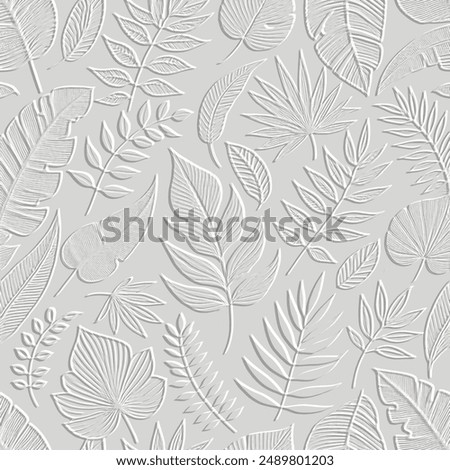 Tropical emboss textured surface plants white 3d pattern. Embossed relief leafy vector background. Beautiful botanical grunge backdrop. Modern ornaments with leaves. Grungy light 3d texture.
