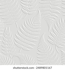 Tropical emboss textured surface white 3d fern leaves pattern. Embossed relief leafy vector background. Beautiful botanical grunge backdrop. Foliage ornaments with fern leaves. Grungy light 3d texture