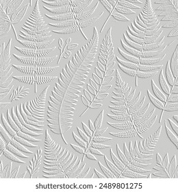 Tropical emboss textured surface white 3d fern leaves pattern. Embossed relief leafy vector background. Beautiful botanical grunge backdrop. Foliage ornaments with fern leaves. Grungy light 3d texture