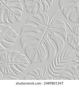 Tropical estampado en relieve superficie texturizada blanco 3d monstera hojas patrón. Relieve en relieve fondo de Vector de hoja. Hermoso fondo de grunge botánico. Adornos de follaje con hojas. Grungy textura ligera 3d.