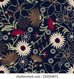 Tropical embroidery floral design in a seamless pattern .