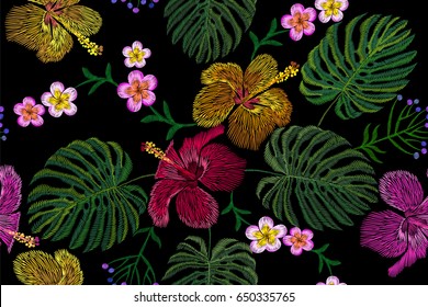 Tropical embroidery flower arrangement. Exotic plant blossom summer jungle. Fashion print textile patch. Hawaii hibiscus plumeria monstera seamless vector illustration art