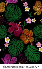 Tropical embroidery flower arrangement. Exotic plant blossom summer jungle. Fashion print textile patch. Hawaii hibiscus plumeria monstera seamless vector illustration art