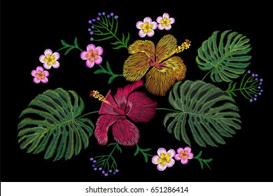 Tropical embroidery flower arrangement. Exotic plant blossom summer jungle. Fashion print textile patch. Hawaii hibiscus plumeria monstera vector illustration art