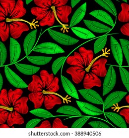 Tropical embroidery hibiscus plant in a seamless pattern .