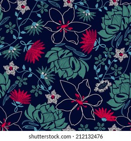 Tropical embroidery lush floral design in a seamless pattern .