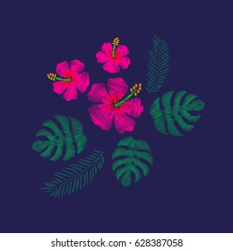 Tropical embroidery stitches composition for fashion wearing. Vector design. 