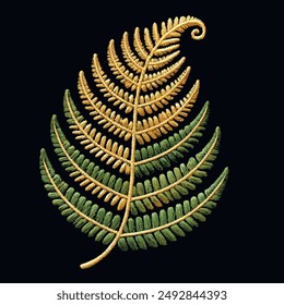 Tropical embroidery textured isolated 3d green gold colors fern leaf on black background. Botanical vector illustration. Beautiful stitch lines fern leaves. Stitching lines surface grunge 3d texture.