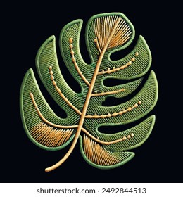 Tropical embroidery textured isolated 3d green gold colors monstera leaf on black background. Botanical vector illustration. Beautiful stitch lines tropical plants. Stitching lines surface 3d texture.