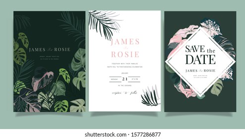 Tropical Emerald green Luxury Wedding Invitation, floral invite thank you, rsvp modern card Design in summer pink leaf and greenery branches decorative Vector elegant rustic template