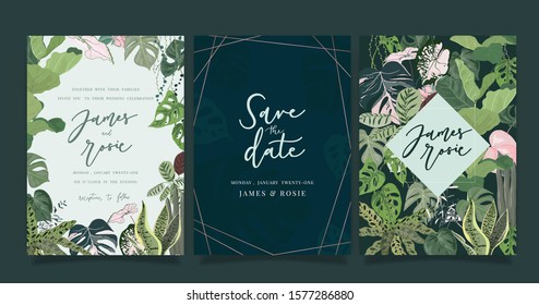 Tropical Emerald green Luxury Wedding Invitation, floral invite thank you, rsvp modern card Design in summer pink leaf and greenery branches decorative Vector elegant rustic template