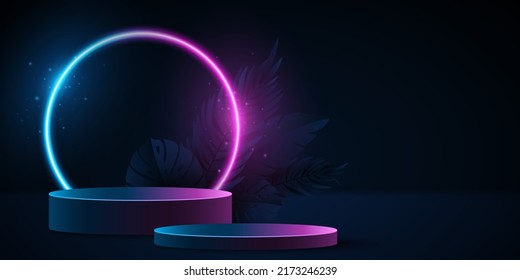Tropical empty podium with exotic plants to display your brands product. Summer scene with purple and blue glowing neon arc. 3D pedestal for festive show. Sale mockup. Vector illustration
