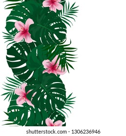 Tropical Endless Vertical border with hand-drawn green leaves of monstera, palm leaves and flower of hibiscus. Exotic template for design, print, poster, party, template, spring, summer background.