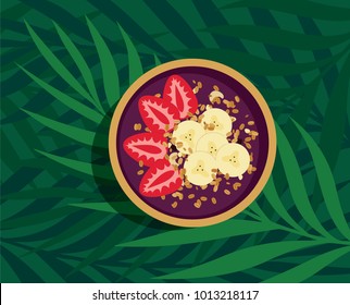 Tropical Energy Acai Bowl - Nutritious açai fruit smoothie bowl with strawberries, banana and granola topping. A healthy meal over palm leaves on green background. Top view vector illustration