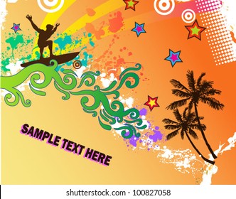 Tropical environment with palm trees and surfer