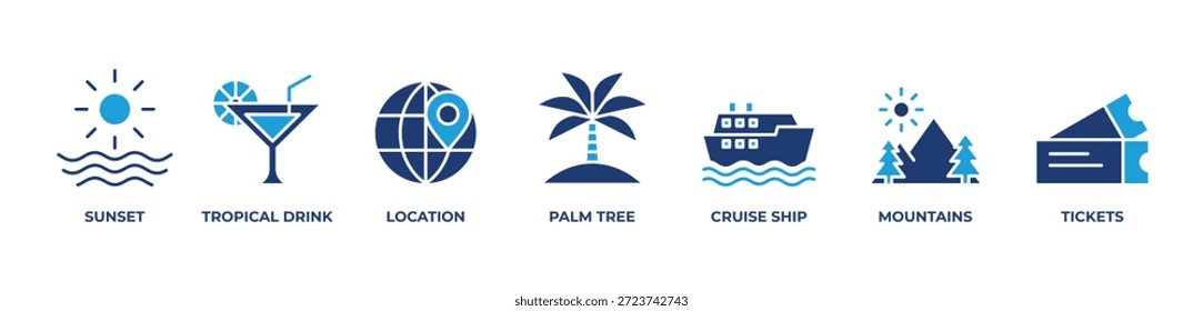 Conjunto de iconos de escape tropical azul Ilustración vectorial con puesta de sol, bebida tropical, Locación, palmera, crucero, montañas, entradas