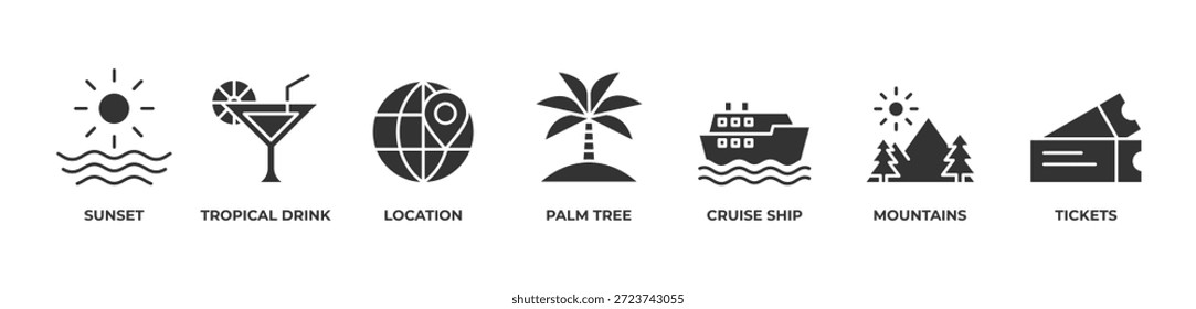Tropical Escape Ícones definir o glifo da ilustração do vetor com Pôr do sol, Bebida tropical, Localização, Palm tree, Navio de cruzeiro, Montanhas, Bilhetes