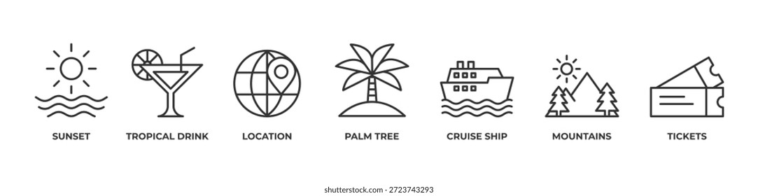 Conjunto de iconos de escape tropical contorno de Ilustración vectorial
con Atardecer, Bebida tropical, Locación, Palmera, Crucero, Montañas, Entradas