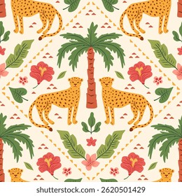 Padrão tropical étnico sem emenda com palmeira, leopardo, flores e folhas. Ornamento damasco africano. Animais selvagens desenhados à mão e planta exótica. Impressão de boho em mosaico de verão. Ilustração plana vetorial.