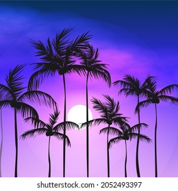 Tropical Evening Beach With Moon Coconut Palm Tree