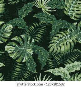 Tropical evening summer jungle leaves seamless pattern. Vector spring illustration