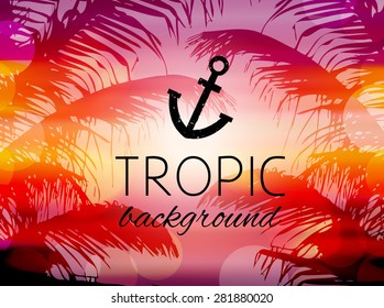 Tropical evening sunset background with palm tree and bokeh