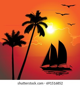 A Tropical Evening. Sunset with Palm Trees and the boat