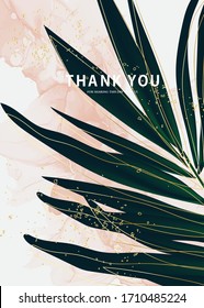 Tropical evergreen palm leaves, jungle rainforest leaf vector floral design with marble alcohol ink pattern background and lettering text in vector. Summer exotical card template with gold foil.