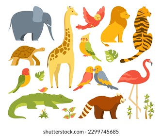 Juego de dibujos animados tropical exótico animal lindo. Loro hawaiano gracioso, león safari africano, tigre, elefante de jirafa, cocodrilo de la jungla. Tortuga tropical, ilustración infantil flamingo. Diseñar aves y animales