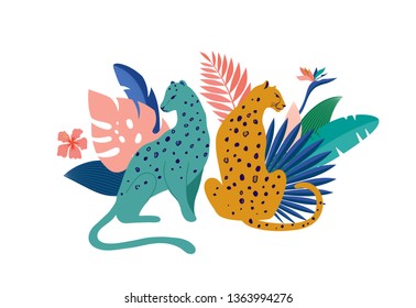 Tropical exotic animals and birds, leopards, tigers, parrots and toucans vector illustration. Wild animals in the jungle, rainforest