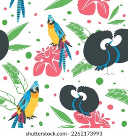 Tropical and exotic avian animals and foliage. Leaves and blooming flowers. Parrots with colorful feathers and plumage. Seamless pattern, background wallpaper, or print. Vector in flat style