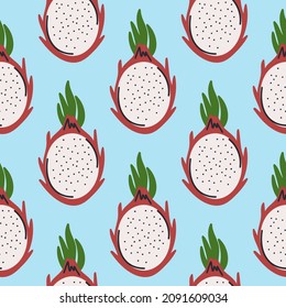Tropical exotic background with dragon fruit. Summer seamless pattern with food. Fruit template for fabric, wallpaper and packaging vector illustration