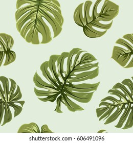 Tropical exotic big bright green monstera leaves seamless pattern on light green background. Vector design illustration for textile, fabric, decoration, packaging, wrapping, fashion.