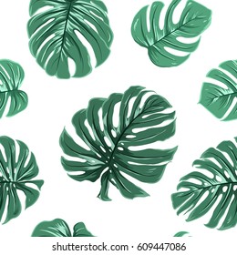 Tropical exotic big turquoise blue green monstera leaves seamless pattern on white background. Vector design illustration for textile, fabric, decoration, packaging, wrapping, fashion.