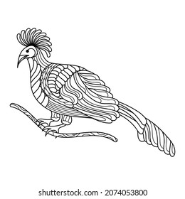 Tropischer exotischer Vogel, farbige Buchseite, handgezeichnete anti-stress lineare Illustration . Design der Vektorgrafik