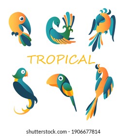 Tropical exotic birds. Green paradise parrots with big billed yellow toucan and beautiful vector kalao with spread wings.